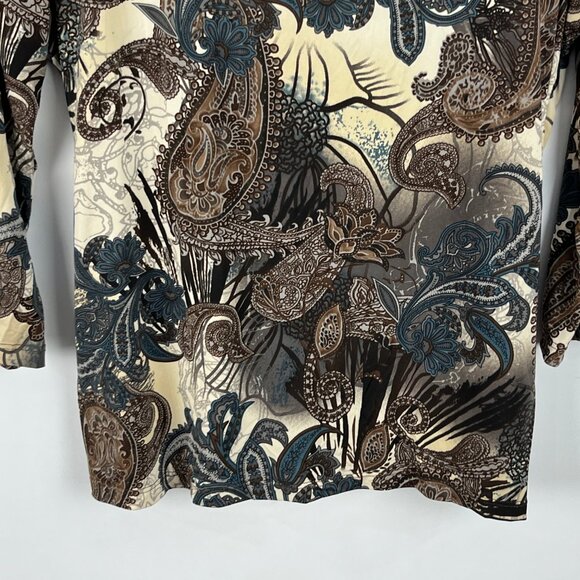 Conrad C Top Blouse Size L Brown Beige Paisley 3/4 Sleeve Round Neck Stretch - Picture 9 of 9
